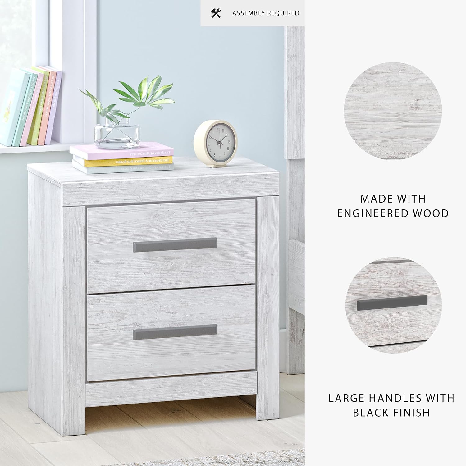 Signature Design by Ashley Cayboni Casual Nightstand with Framed Front and Pilasters, 2 Storage Drawers, Large Black Handles, Wood, 24.37' High, White