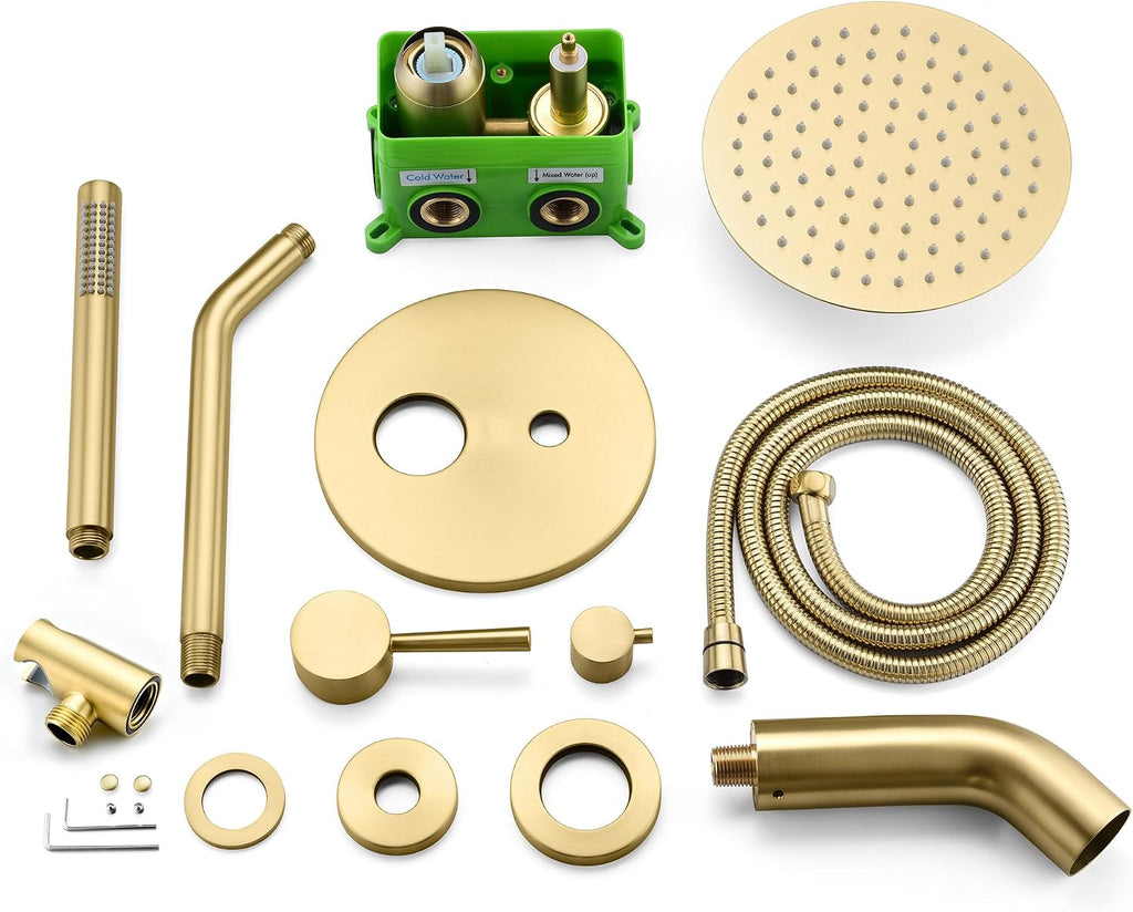 SUMERAIN Shower System with Tub Spout and Handheld Shower, Brass Rain Shower Tub Set with 8 Inches Shower Head and Rough in Valve Brushed Gold