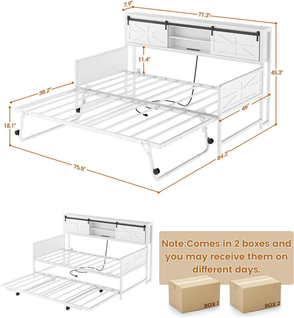 Homieasy Farmhouse Twin Daybed with Pop-Up Trundle, Metal Trundle Bed Frame with Bookcase Headboard, Charging Station & Barn Door Storage for Bedroom & Guest Room, White
