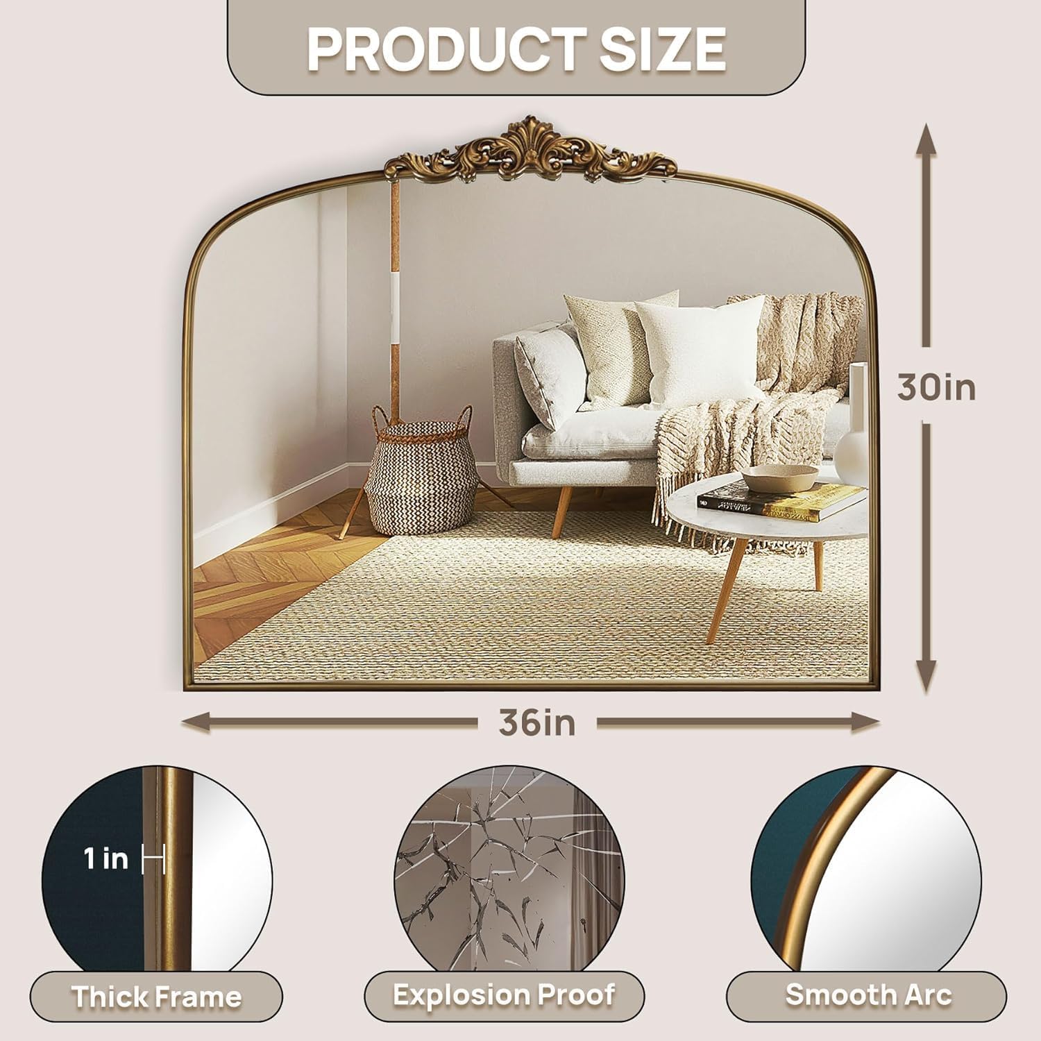 Vintage Gold Arched Wall Mirror 36'x30' – Ornate Baroque Style Antique Brass Frame, Decorative Large Mirror for Entryway, Living Room, Fireplace, Hallway, Bathroom