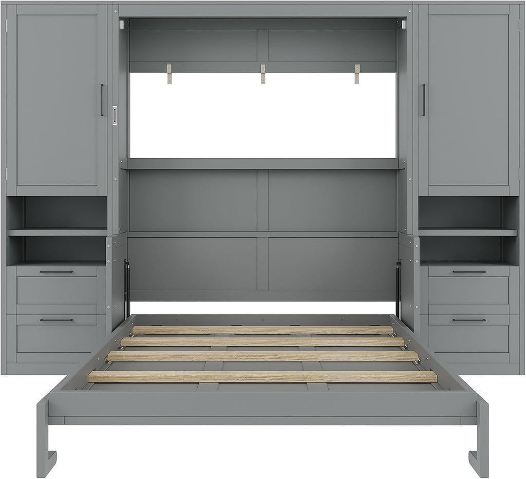 Merax Queen Size Murphy Bed with Desk, Multifunctional Foldable Wall Bed with Closet, Drawers and Shelves, Space-Saving Wood Platform Bed Frame for Small Spaces Studio Study Office Guest Room, Gray
