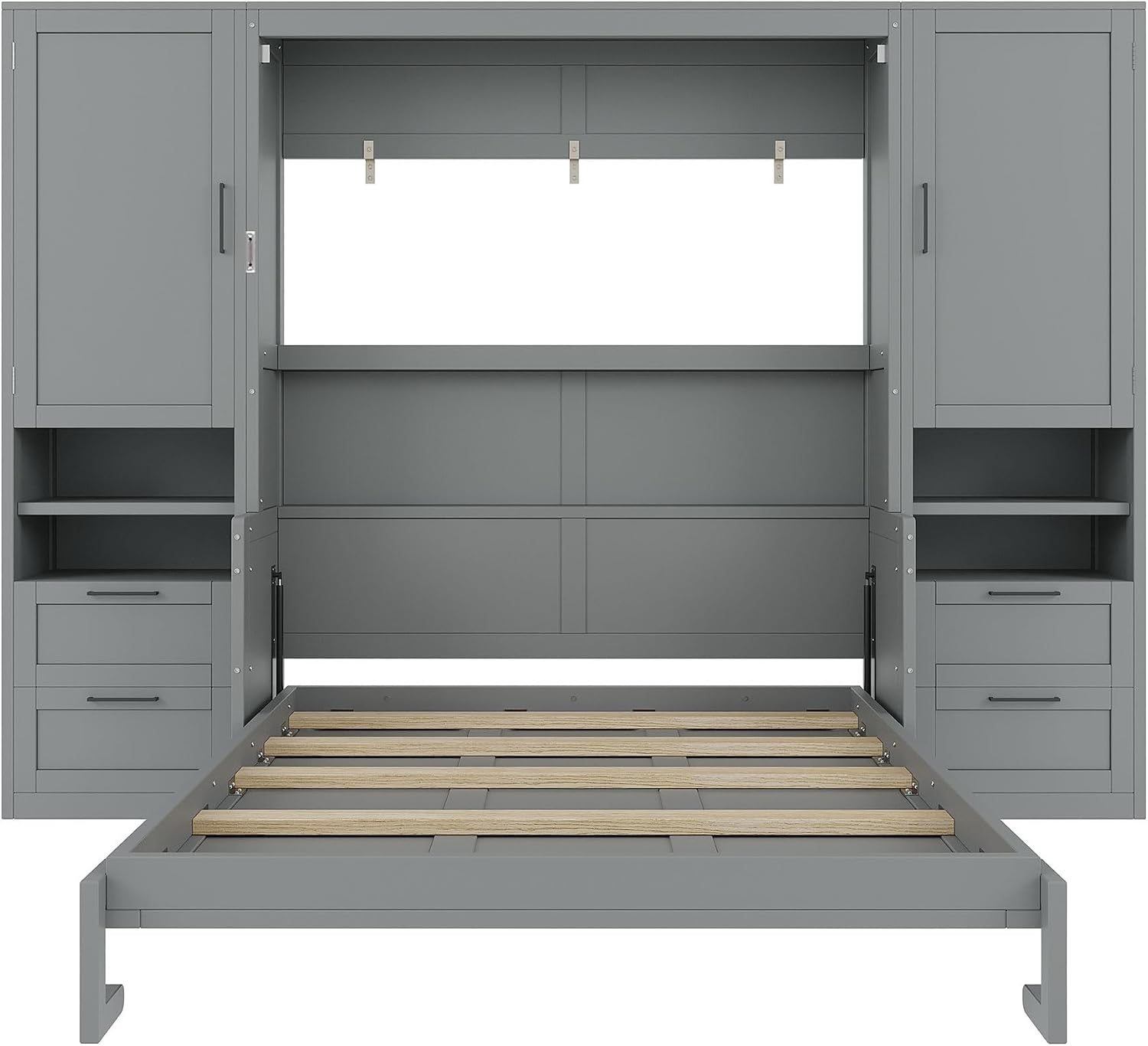 Merax Queen Size Murphy Bed with Desk, Multifunctional Foldable Wall Bed with Closet, Drawers and Shelves, Space-Saving Wood Platform Bed Frame for Small Spaces Studio Study Office Guest Room, Gray