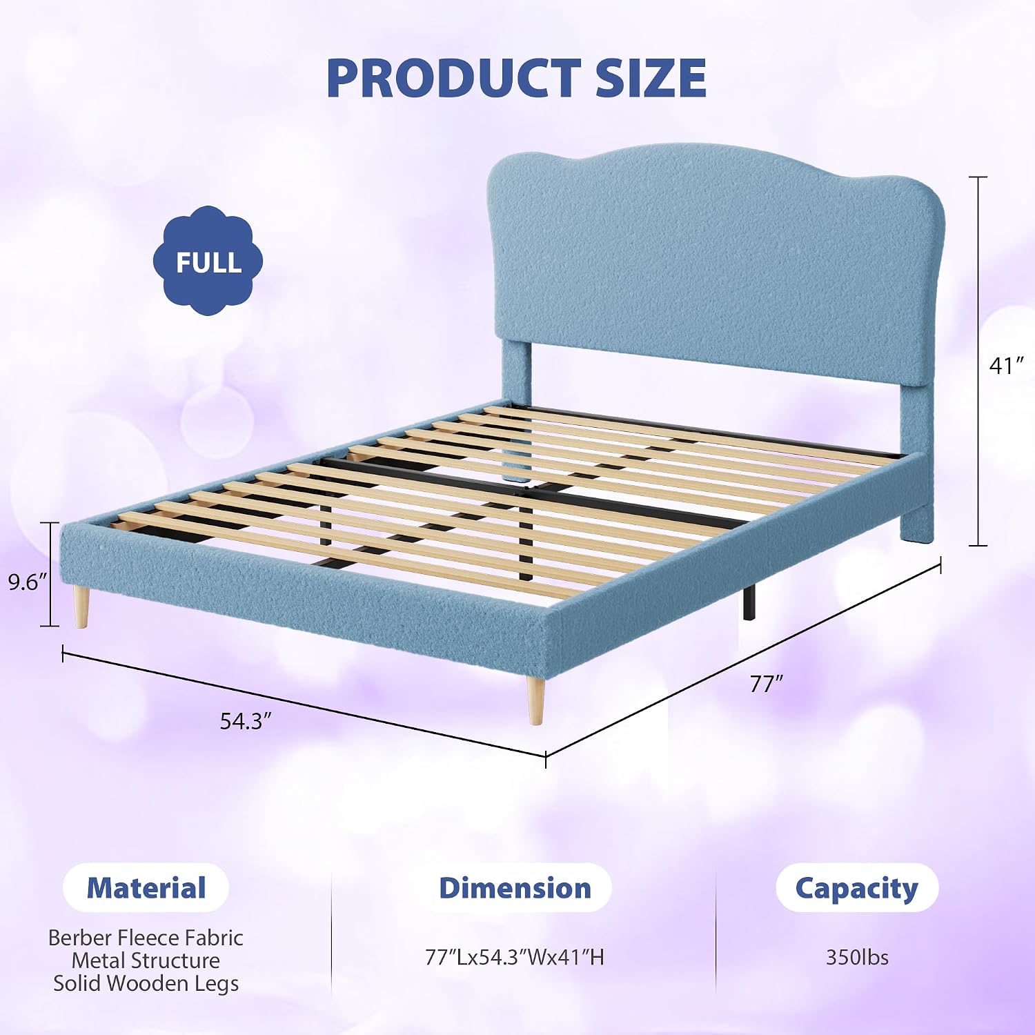 GarveeHome Upholstered Full Size Bed Frame for Kids with Scallop Headboard, Cute Velvet Full Bed for Girls, Boys, Sturdy Platform Bed, No Box Spring Needed, Wooden Slats, Noise Free, Blue