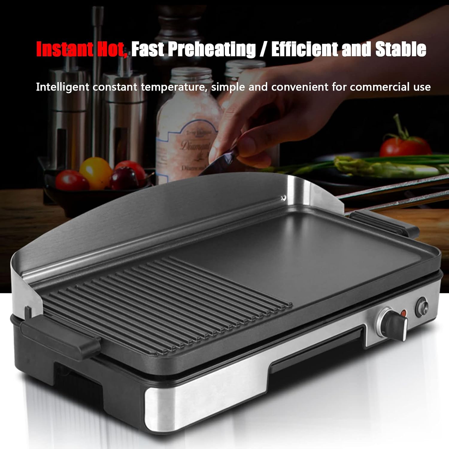Electric Griddle Commercial Counter Top Half Flat Hotplate, 1750W Electric Flat Top Grill, Stainless Steel Electric Countertop Griddle W/Drip Hole, 110~240V Countertop Griddle for Pancake
