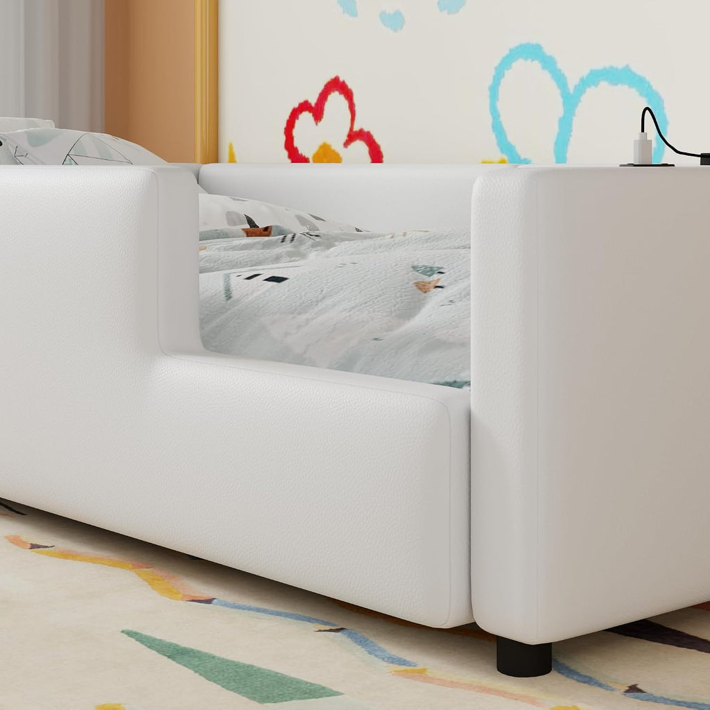 VilroCaz Twin Size Upholstered Platform Bed with Safety Guardrail, Montessori Kids Floor Bed, Child Grounded Bed with Charging Station and Sturdy Slats Support