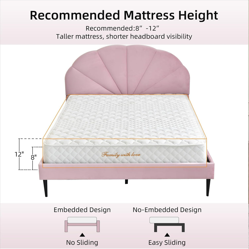 VELOCAVA Pink Bed Frame Queen Size, Heavy Duty Upholstered Bed with Unique Headboard, Soft Velvet Platform Bed with Strong Wooden Slats Support, No Box Spring Needed, Easy to Assemble