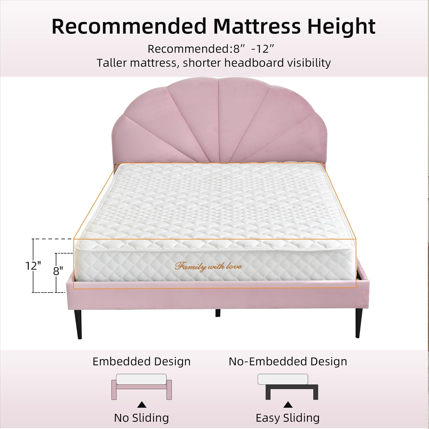 VELOCAVA Pink Bed Frame Queen Size, Heavy Duty Upholstered Bed with Unique Headboard, Soft Velvet Platform Bed with Strong Wooden Slats Support, No Box Spring Needed, Easy to Assemble