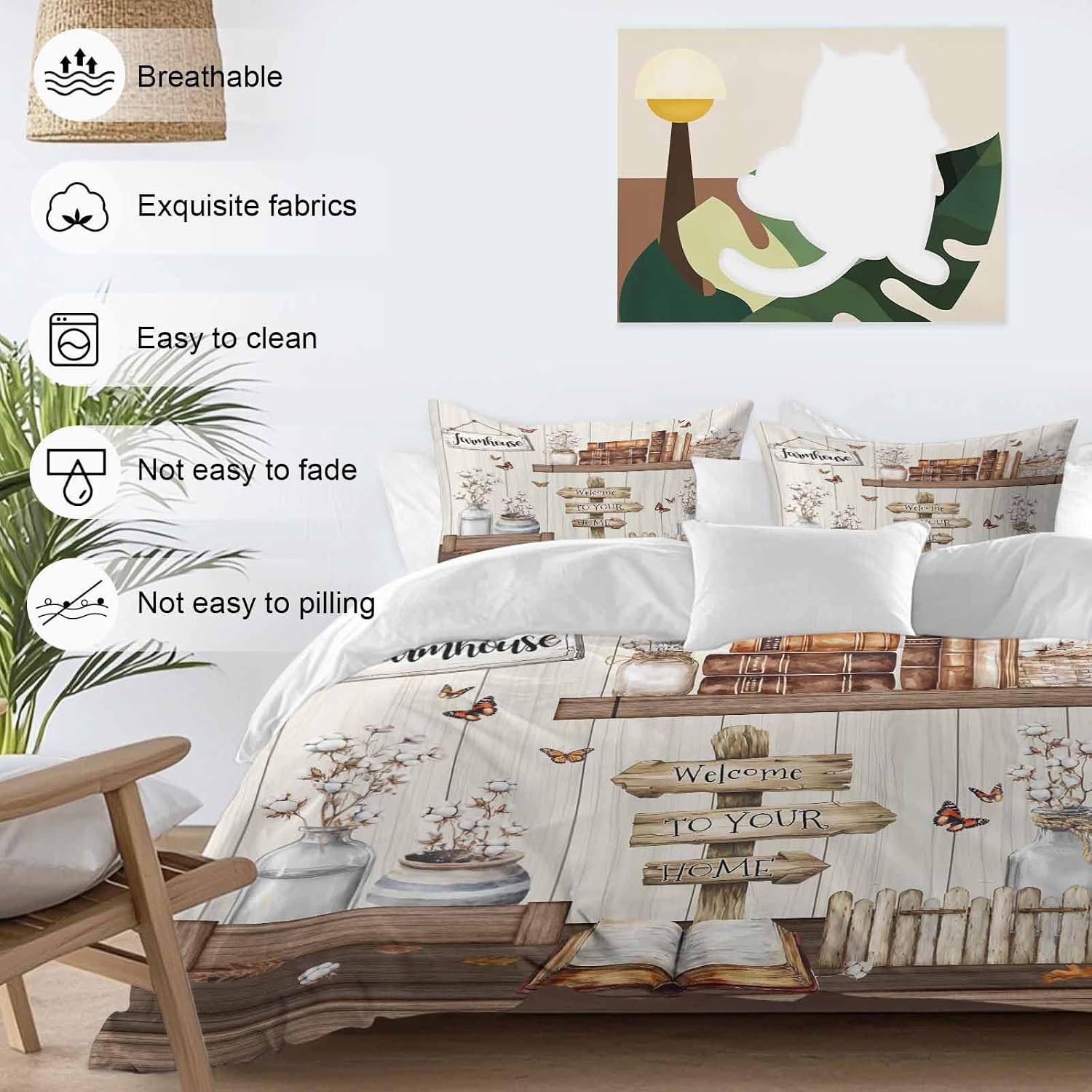 Prime Leader Vintage Duvet Cover Set Queen Size 4 Pieces Welcome to Your Home Farmhouse Cotton Bottle Bedding Set with Zipper Closure, 1 Comforter Cover 92x106 Inches 1 Flat Sheet & 2 Pillow Cases