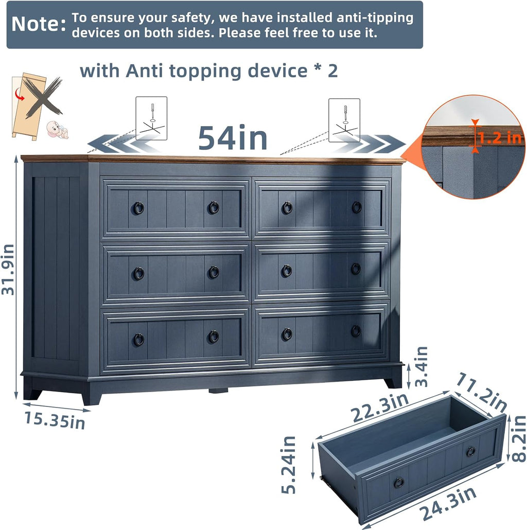 Joaxswe Farmhouse Furniture Set, Nightstands Set of 2 and 6 Drawers Dresser for Bedroom, 54 Inch Wide Wood Dresser and 18' Night Stands with Charging Station for Bedroom, Living Room, Hallway
