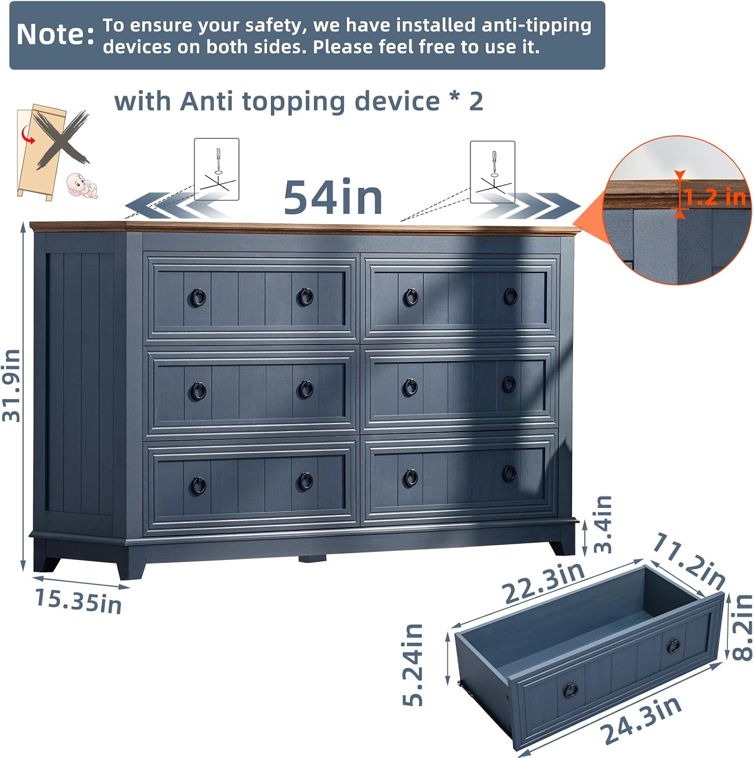 Joaxswe Farmhouse Furniture Set, Nightstands Set of 2 and 6 Drawers Dresser for Bedroom, 54 Inch Wide Wood Dresser and 18' Night Stands with Charging Station for Bedroom, Living Room, Hallway