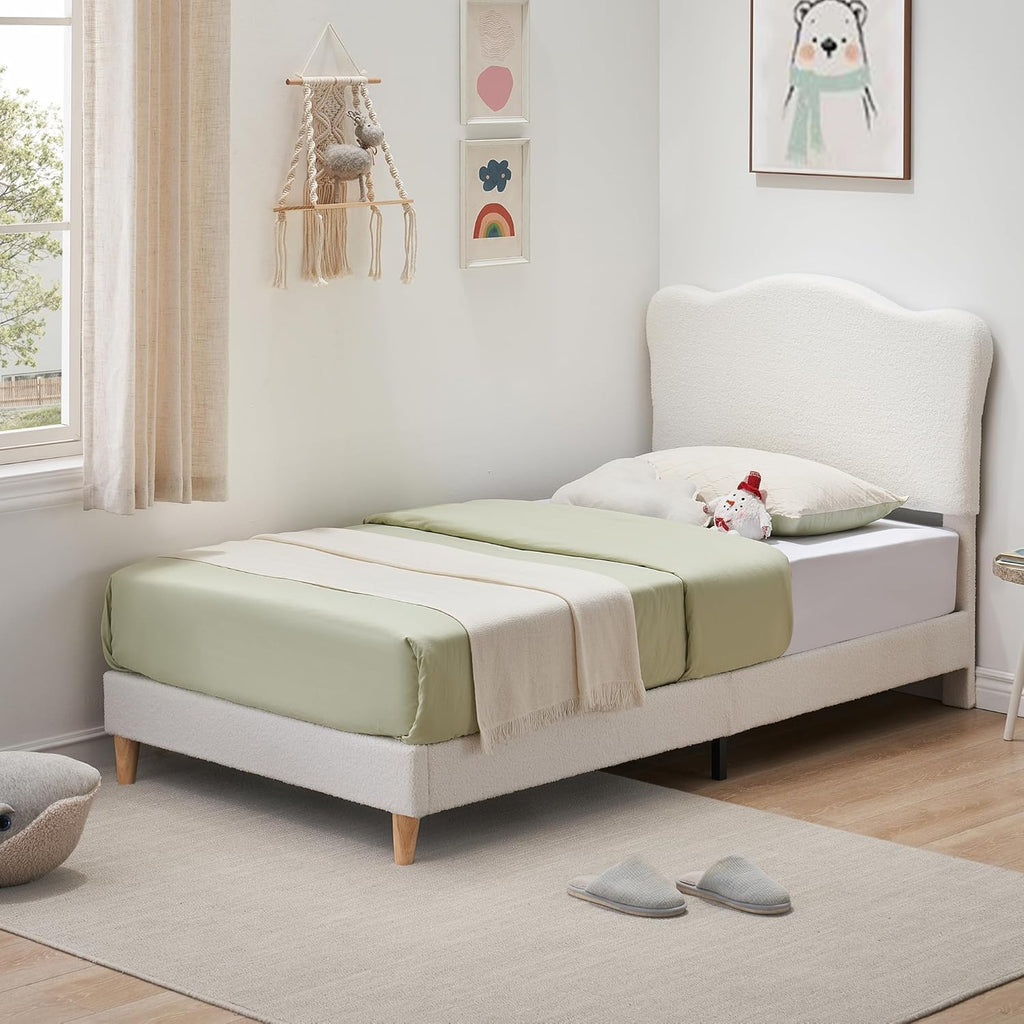 GarveeHome Upholstered Twin Size Bed Frame for Kids with Scallop Headboard, Cute Velvet Twin Bed for Girls, Boys, Sturdy Platform Bed, No Box Spring Needed, Wooden Slats, Noise Free, Beige