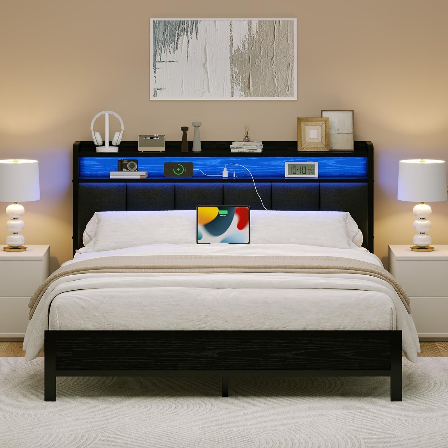 IMMERSTABLE Full Size Bed Frame with LED Lights and Charging Station, Upholstered Storage Headboard, Full Metal Platform Bed Frame with Metal Slats, No Box Spring Needed, Easy Assembly, Dark Grey