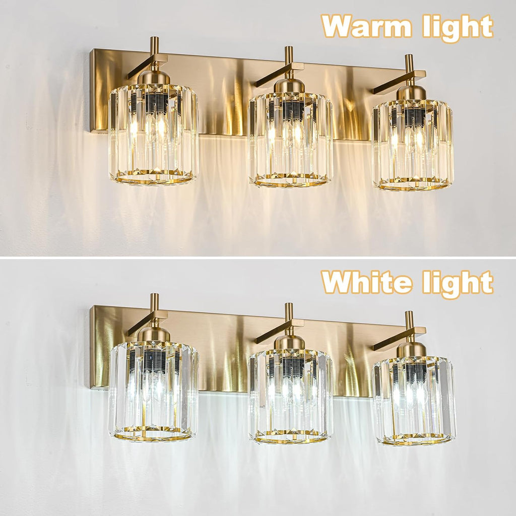 Modern Crystal Bathroom Vanity Lights, Gold 3-Lights Bathroom Light Fixtures Over Mirror, Crystal Wall Lighting with Polished Brass Finish