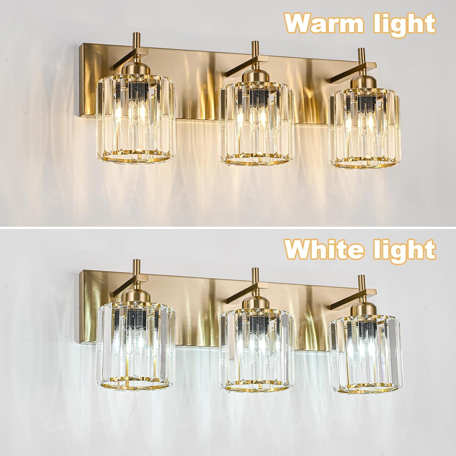 Modern Crystal Bathroom Vanity Lights, Gold 3-Lights Bathroom Light Fixtures Over Mirror, Crystal Wall Lighting with Polished Brass Finish