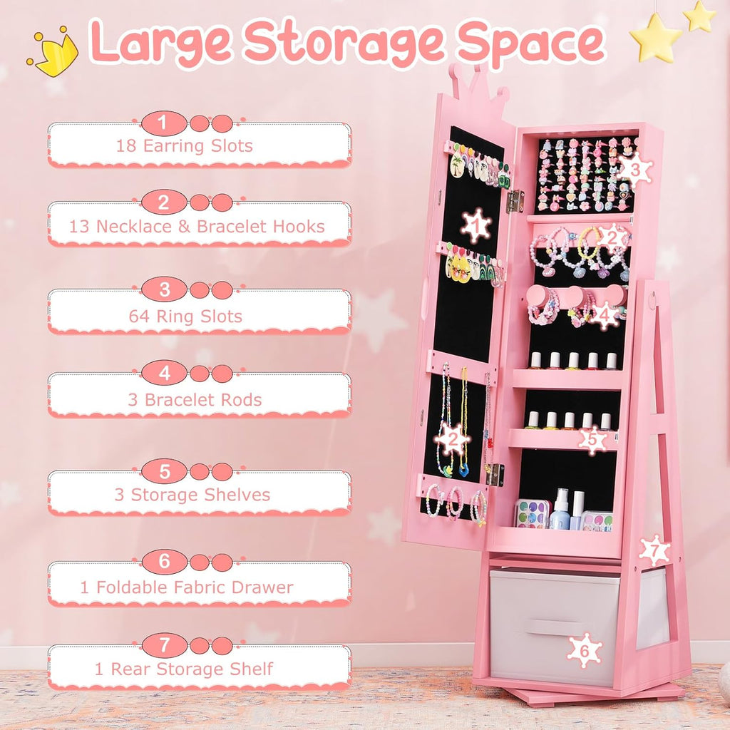 Costzon Kids Vanity & Jewelry Armoire Cabinet, Kids Makeup Vanity Table and Chair Set, 360° Swivel Standing Jewelry Organizer with Full-Length Mirror, Kids Bedroom Furniture Set for Girls (Pink)
