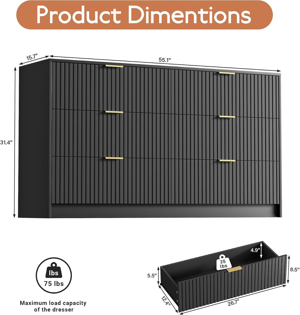 Furniway Black Dresser for Bedroom, Modern Dresser with 6 Drawers and Smooth Slides, Wide Chest of Drawers with Golden Handles for Bedroom, Living Room, Closet, 15.7' D x 55.1' W x 31.4' H