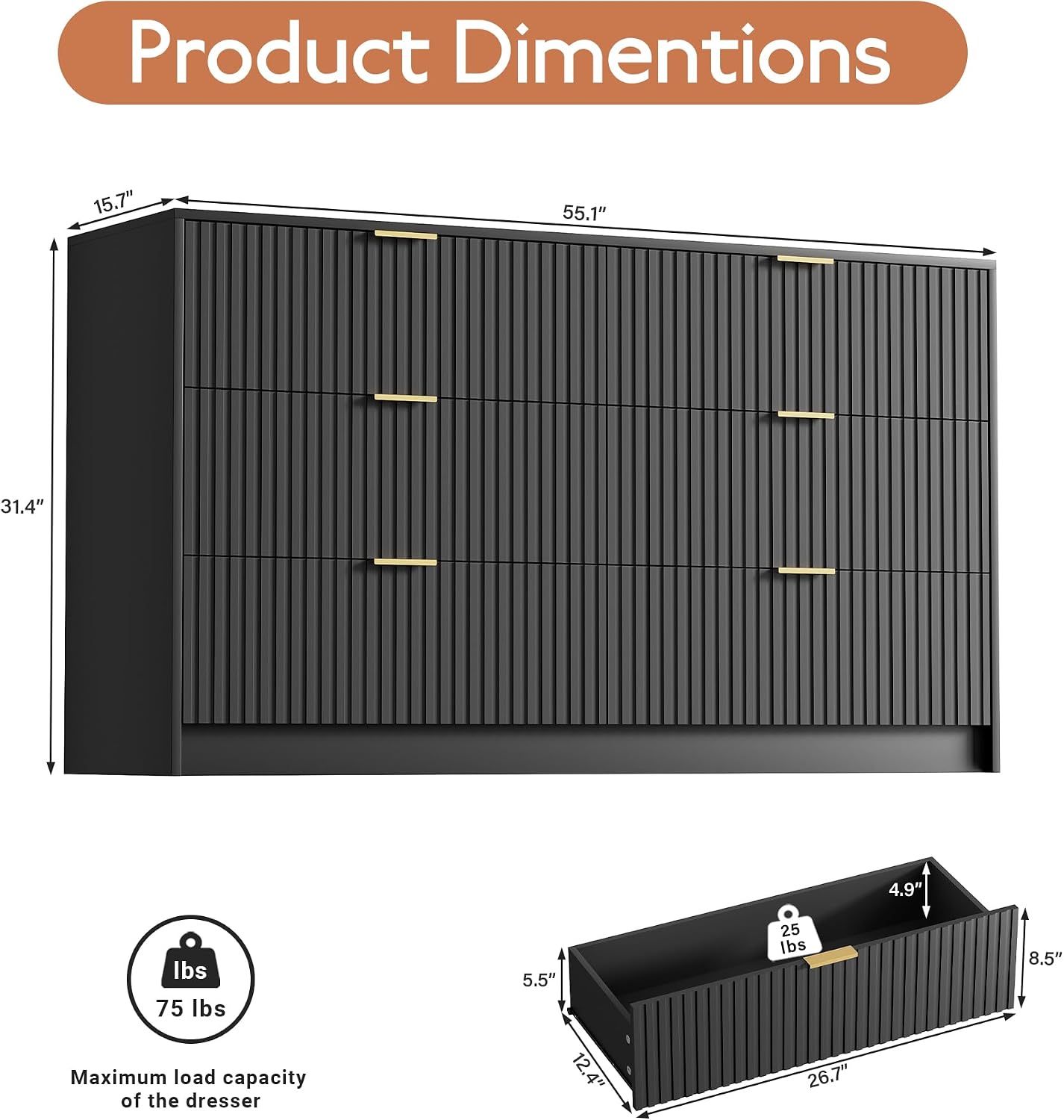 Furniway Black Dresser for Bedroom, Modern Dresser with 6 Drawers and Smooth Slides, Wide Chest of Drawers with Golden Handles for Bedroom, Living Room, Closet, 15.7' D x 55.1' W x 31.4' H