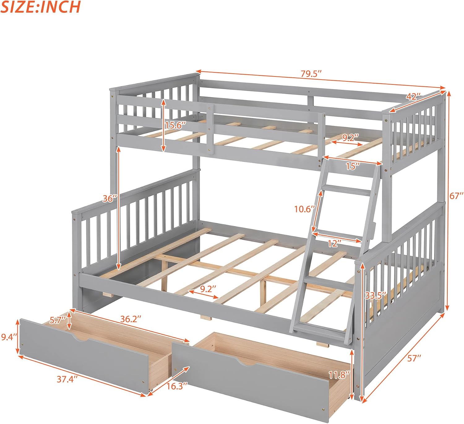 Harper & Bright Designs Twin Over Full Bunk Bed with Two Storage Drawers, Guardrails and Ladder, Solid Wood Bunk Bed Convertible to 2 Separated beds (Grey)