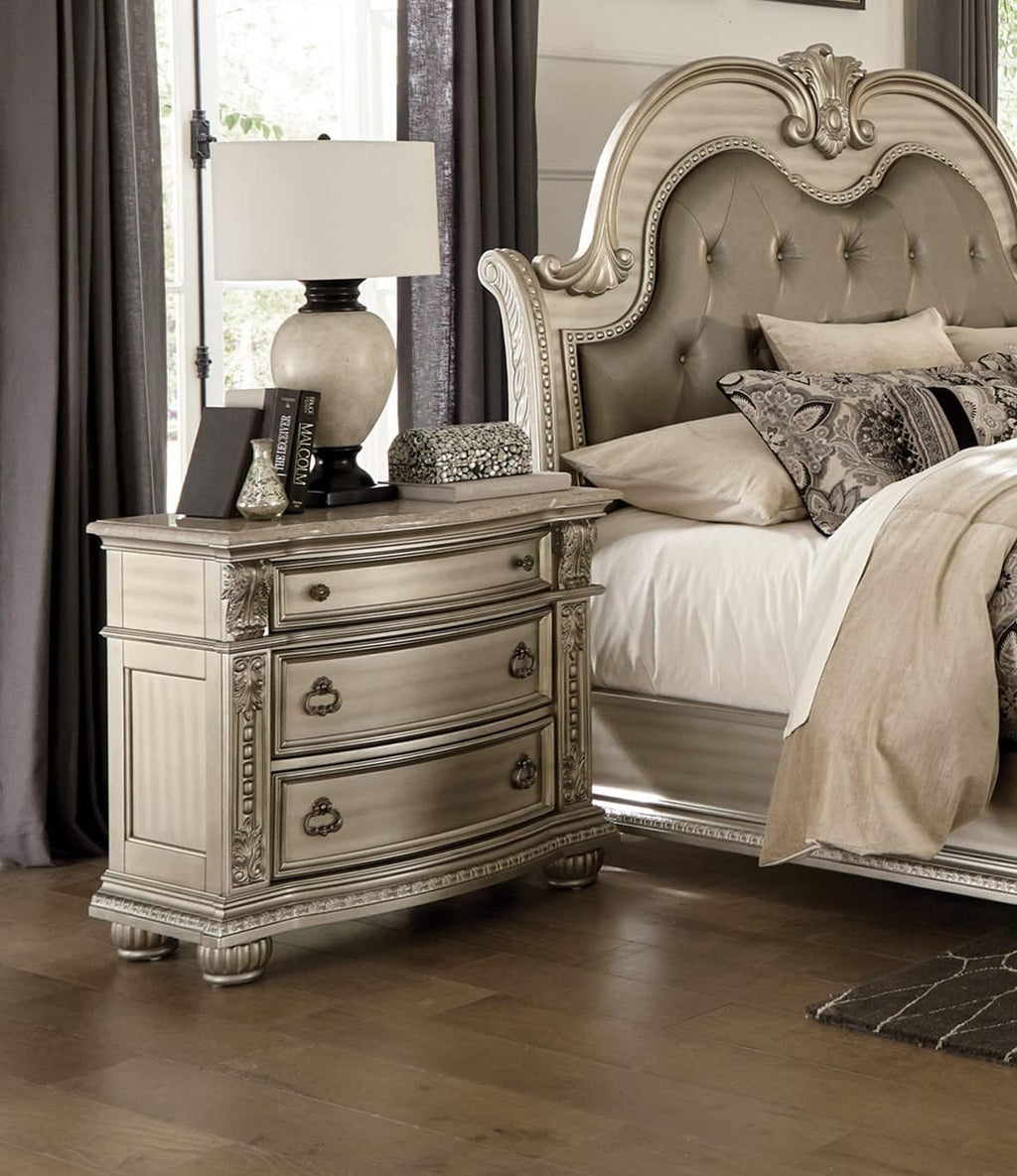 Traditional Classic 5 Pieces Queen Size Set Silver Finish Faux Leather Upholstered Bed Classic Design Marble Top Formal Bedroom Furniture