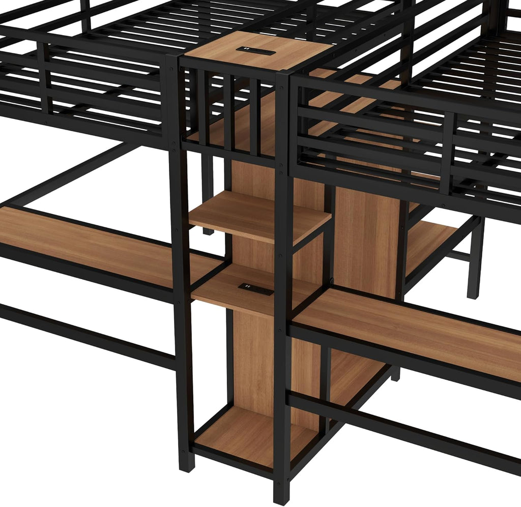 Bellemave Twin Over Twin Metal Loft Bed with Desk and Wardrobe for 2 Kids,Twin Size Heavy Duty Double Loft Bed Frame with Charging Station and Shelves for Boys,Girls,Adults,Woodgrain
