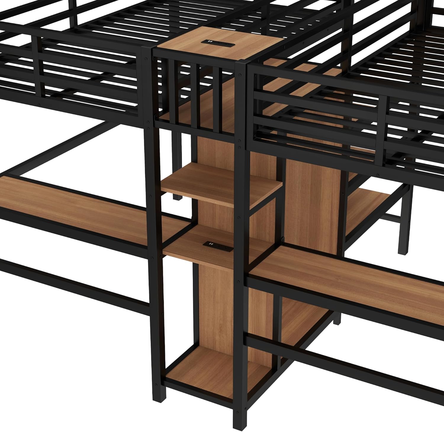 Bellemave Twin Over Twin Metal Loft Bed with Desk and Wardrobe for 2 Kids,Twin Size Heavy Duty Double Loft Bed Frame with Charging Station and Shelves for Boys,Girls,Adults,Woodgrain