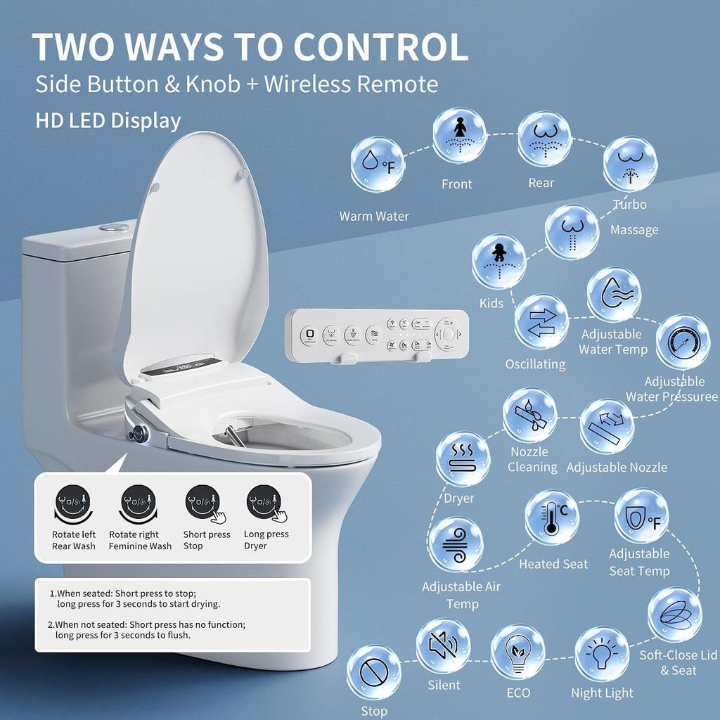 Electric Bidet Toilet Seat Elongated, Instant Warm Water Heated Wash, Self-Cleaning Nozzle, 5X Drying, Anti-Yellowing Quiet Soft Close Lid, Luxury Smart Bidet for Villa&Family, Easy DIY Install