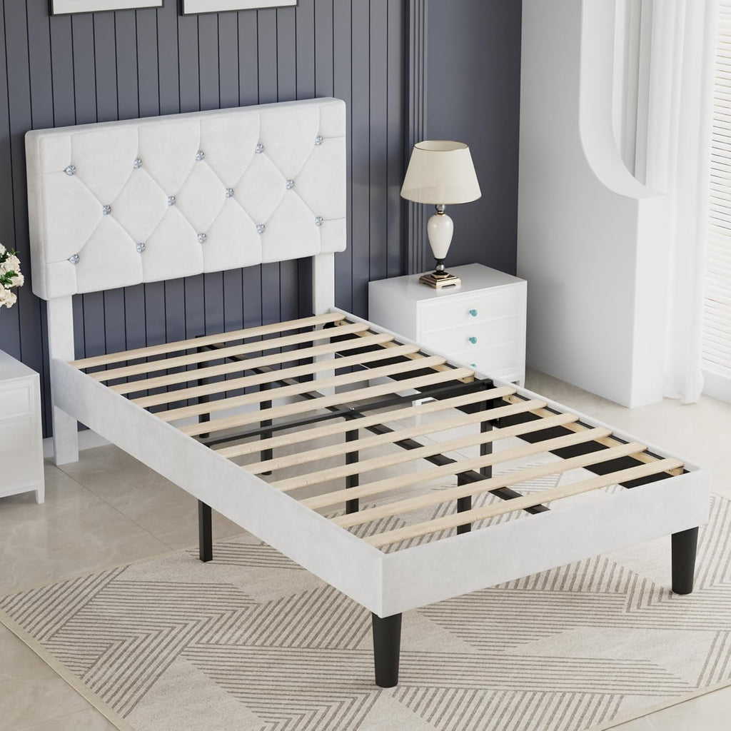 VECELO Twin Size Bed Frame with Diamond Tufted Headboard, Upholstered Platform Bedframe with Wood Slat Support, No Box Spring Needed, Velvet & White