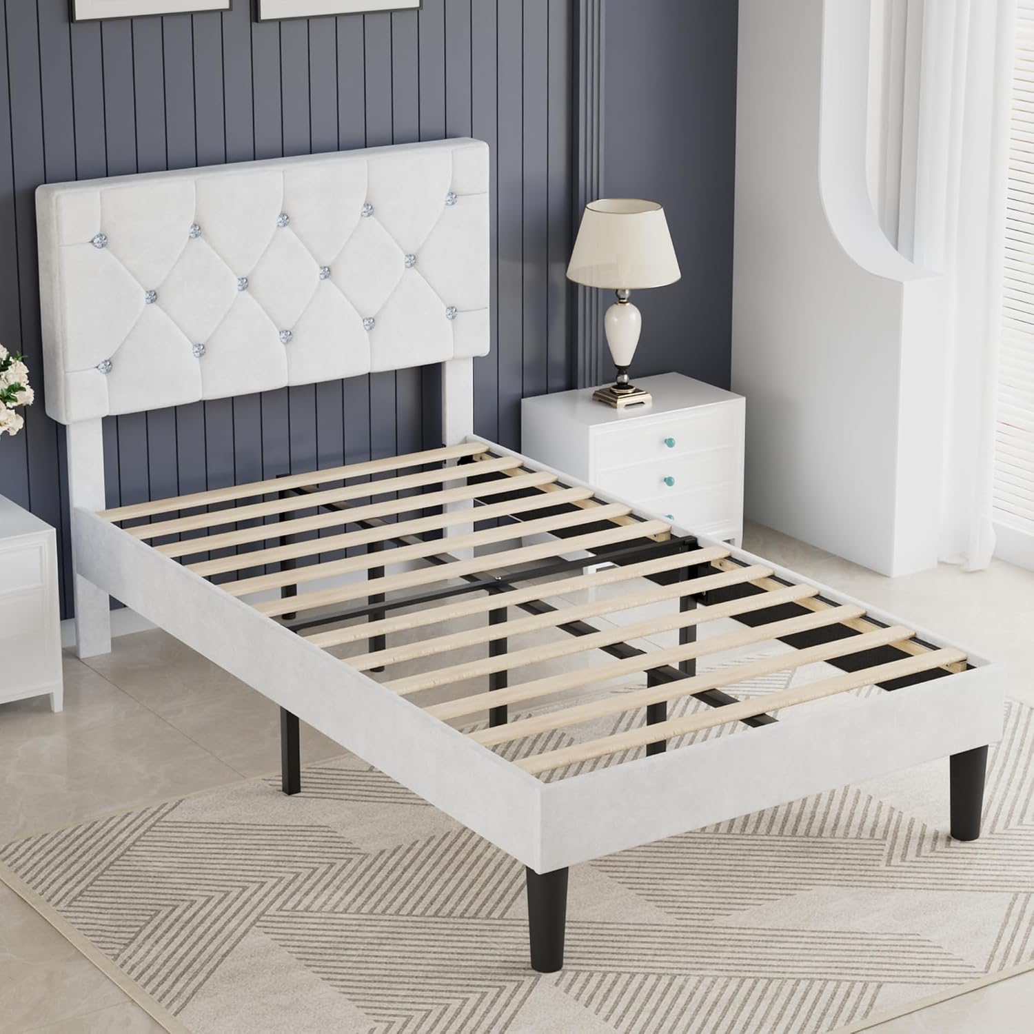 VECELO Twin Size Bed Frame with Diamond Tufted Headboard, Upholstered Platform Bedframe with Wood Slat Support, No Box Spring Needed, Velvet & White