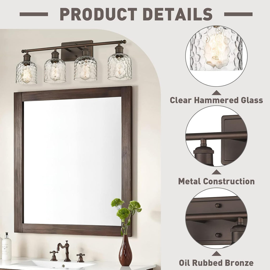 zeyu 4 Light Fixtures for Bathroom Above Mirror, Vintage Vanity Lighting Fixtures, Oil Rubbed Bronze Finish with Clear Hammered Glass, ZJF63B-4W ORB