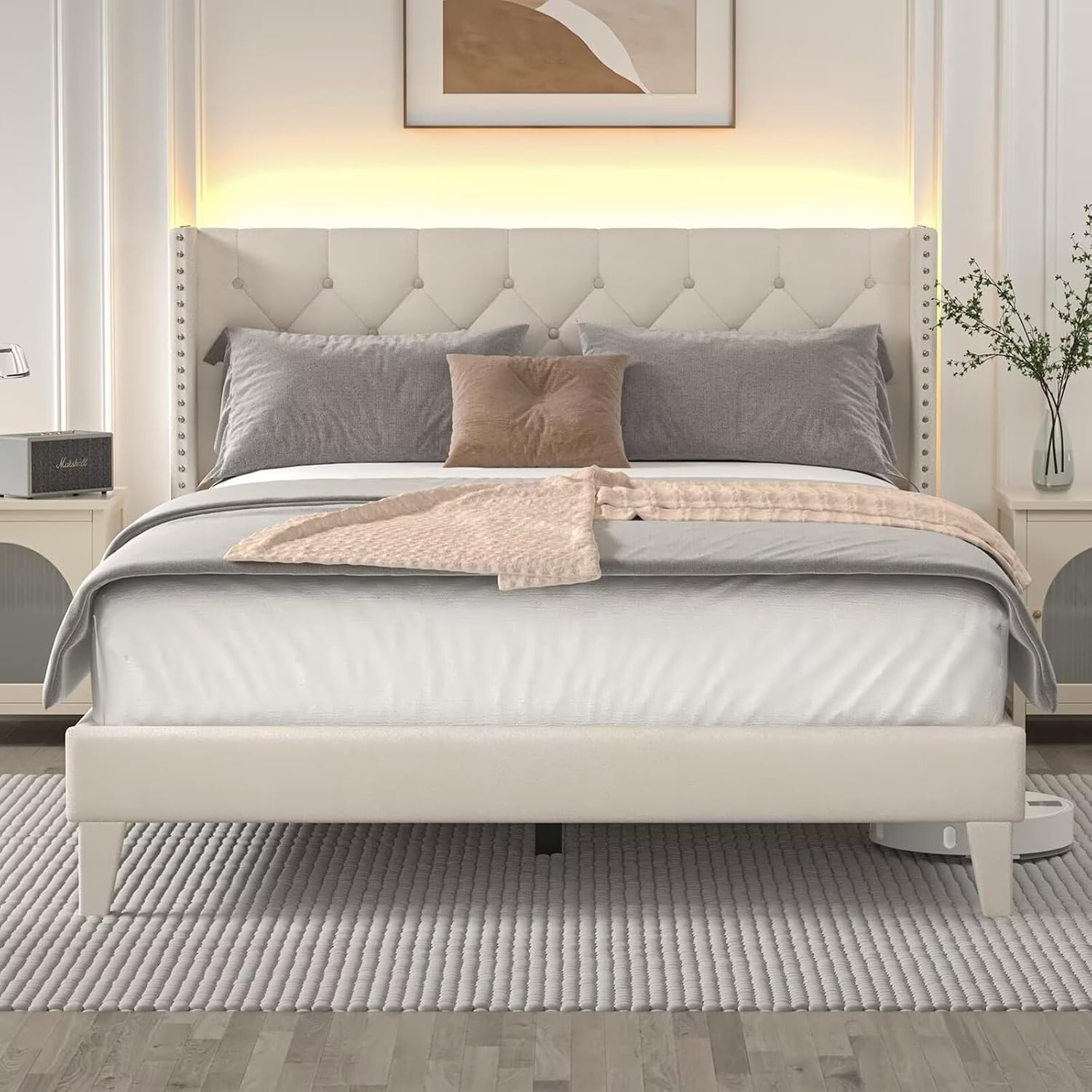 DOGIBIXO Queen Size Bed Frame with LED Lights, Upholstered Bed Frame with Wingback Diamond Tufted Headboard, Wood Slats Support, Noise-Free, Easy Assembly, No Box Spring Needed, Beige