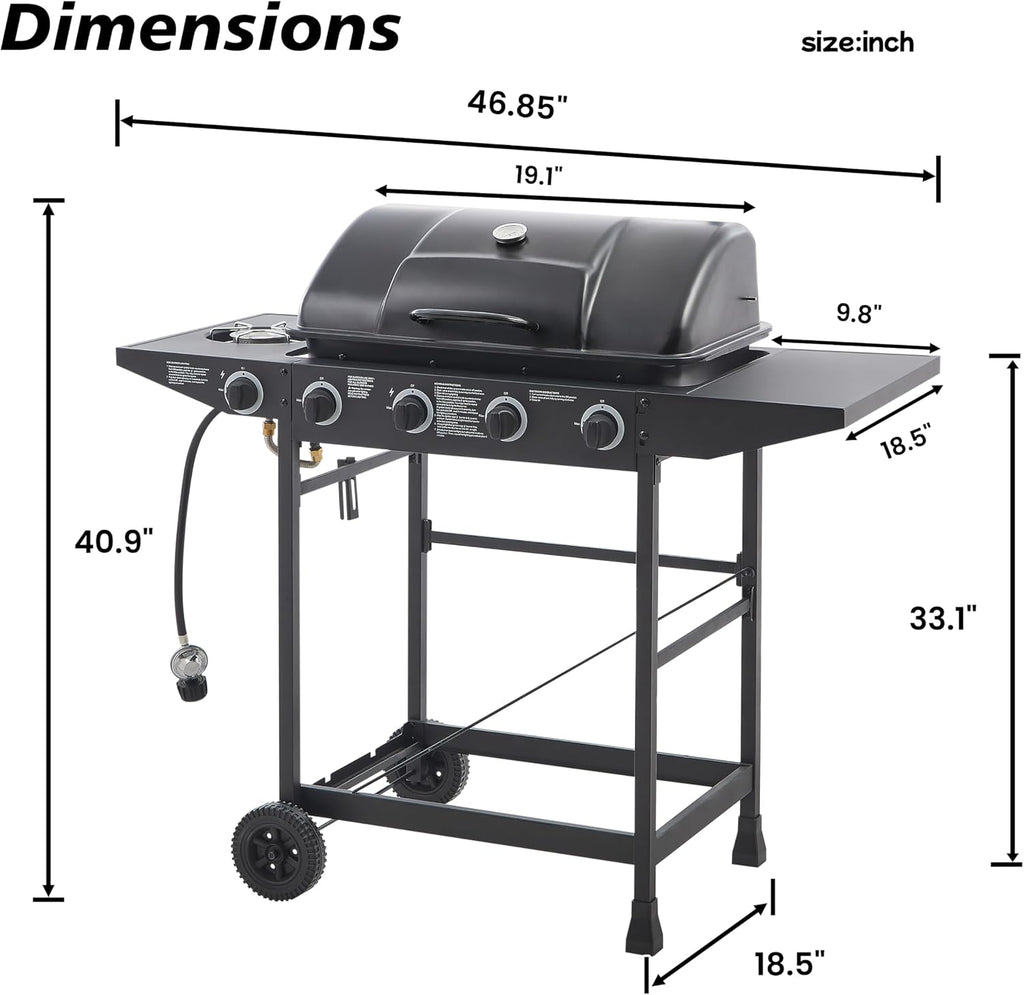 4-Burner Propane Gas Grills for Outdoor Cooking, 42000 BTU BBQ Portable Flat Top Grill Output Stainless Steel Barbecue Grill with Cabinet & Rolling Wheels and Side Tables (4 IN 1)