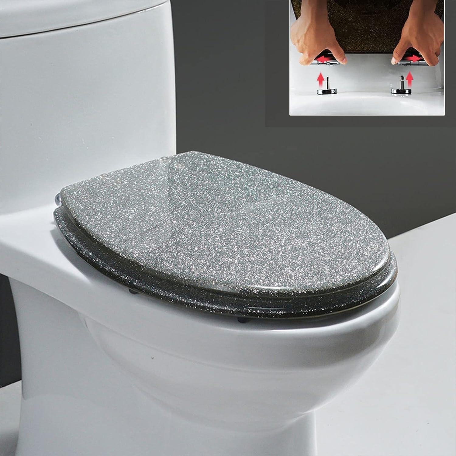 Sparkly Resin Toilet Seat, Resin Toilet Seat Round Toilet Seat, Thicken Toilet Seat, Slow Close, Toilet Lid Easy to Clean & Install (Silver)