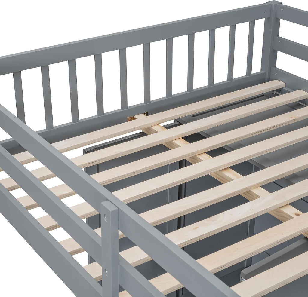 Ball & Cast Full Over Twin Bunk Bed with Safty Guardrail & Storage Stair,Wood Loft Bedframe W/Wardrobe & Drawers,Space-Saving Design,Easy Assembly,Versatile Furniture for Boys Girls Teen Bedroom,Gray