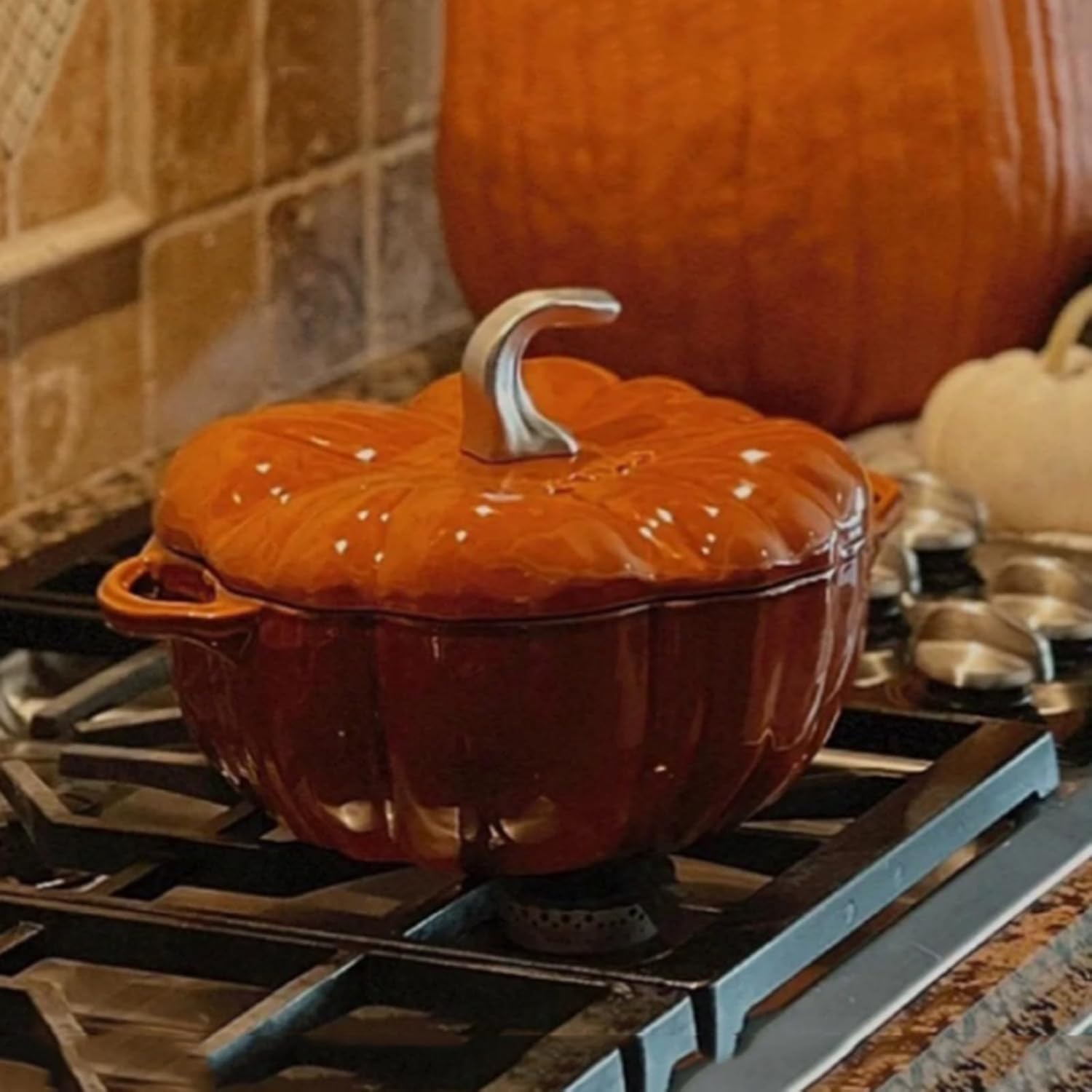 Orange,Mswborml Pumpkin Enameled Cast Iron Dutch Oven w/Lid, Shallow Casserole Braiser with Dual Handle, Heavy-Duty Enamelled Cooking Pot Non-Stick Ceramic Coating, Oven, Induction Compatible