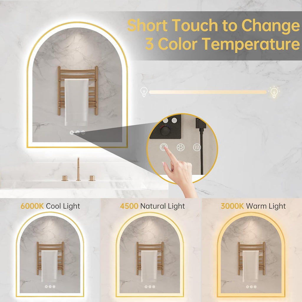 Arched LED Mirror for Bathroom 24'x30', Brushed Gold Lighted Bathroom Mirror with Lights, Fogless, Dimmable, Shatterproof, Touch Sensor, 3 Color Changing