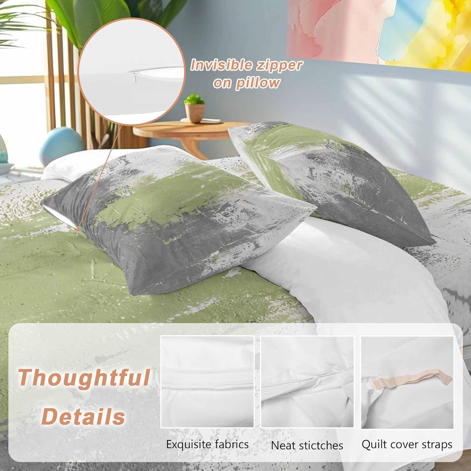 Abstract Art Duvet Cover Set Queen Size 4 Pieces Green Grey Wall Mottled Texture Minimalist Modern Bedding Set with Zipper Closure, 1 Comforter Cover 90x92 Inches 1 Flat Sheet & 2 Pillow Cases