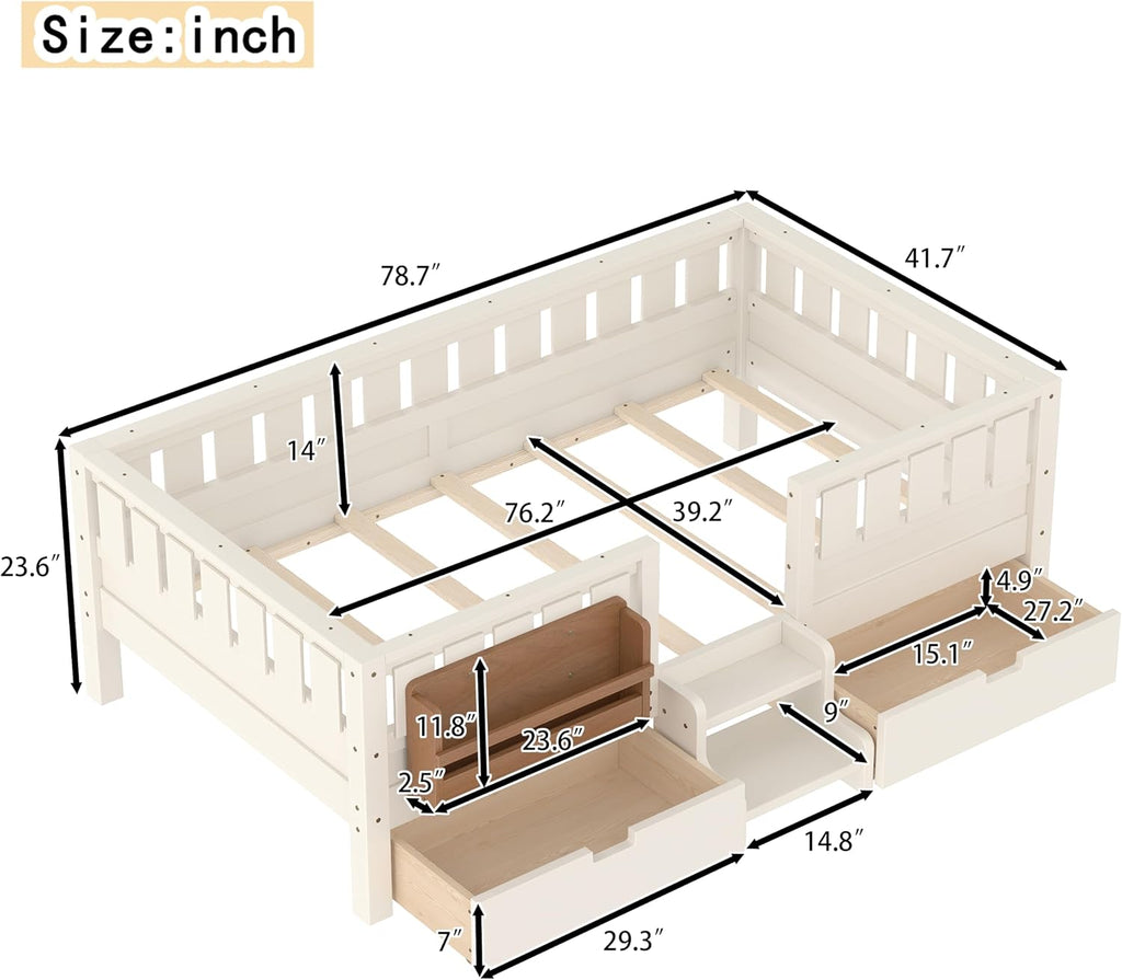 Bellemave Twin Montessori Bed with Stairs, Rails and Slats, Twin Size Montessori Floor Bed with Bookshelf and 2 Storage Drawers, Easy Assemble Beds Frame for Girls, Boys, Beige