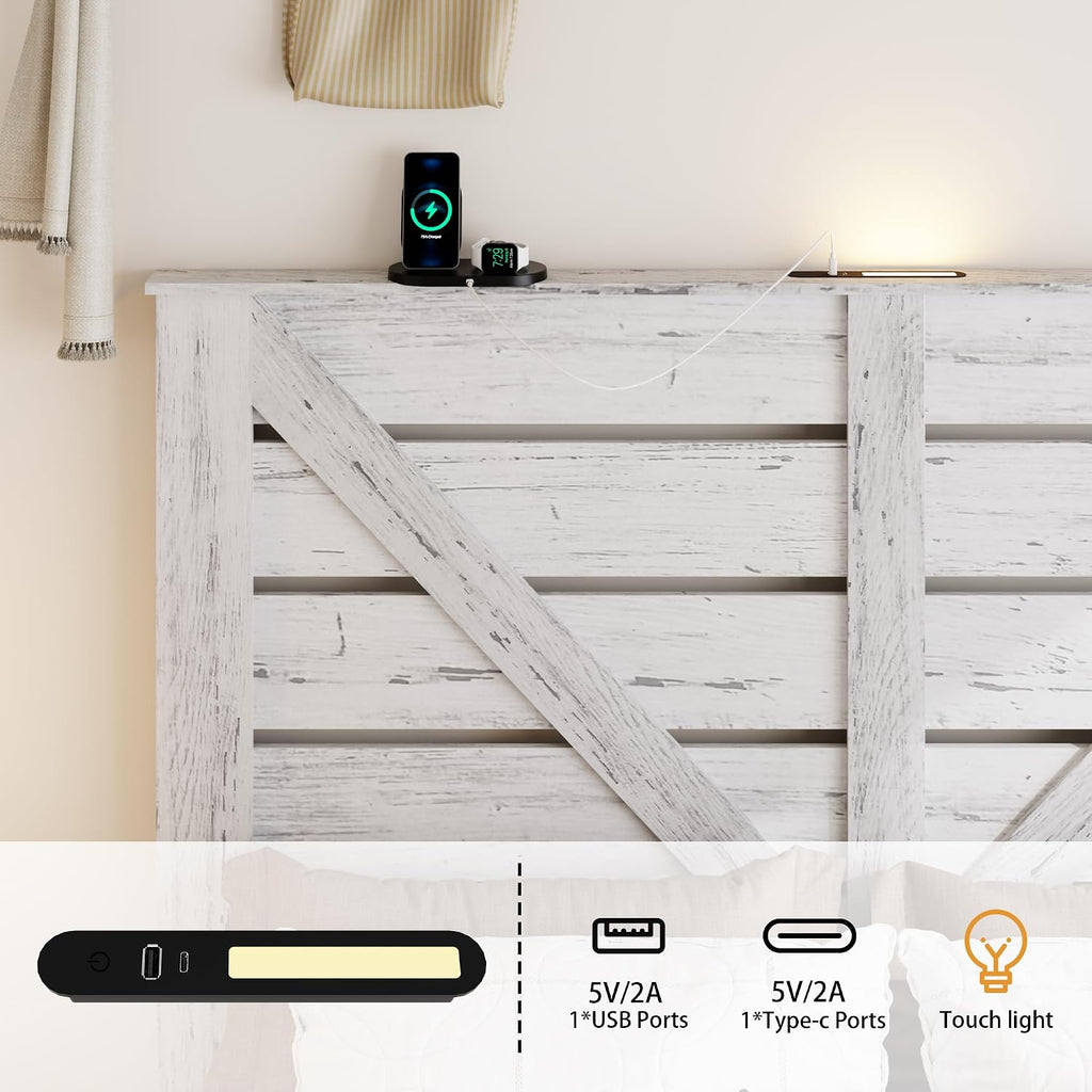 Queen Size Bed Frame with Headboard – Farmhouse Style Platform with LED Lights USB Charging No Box Spring Easy Assembly White Boho Bed Frame Modern Bedroom Sets (Boho White, Queen)