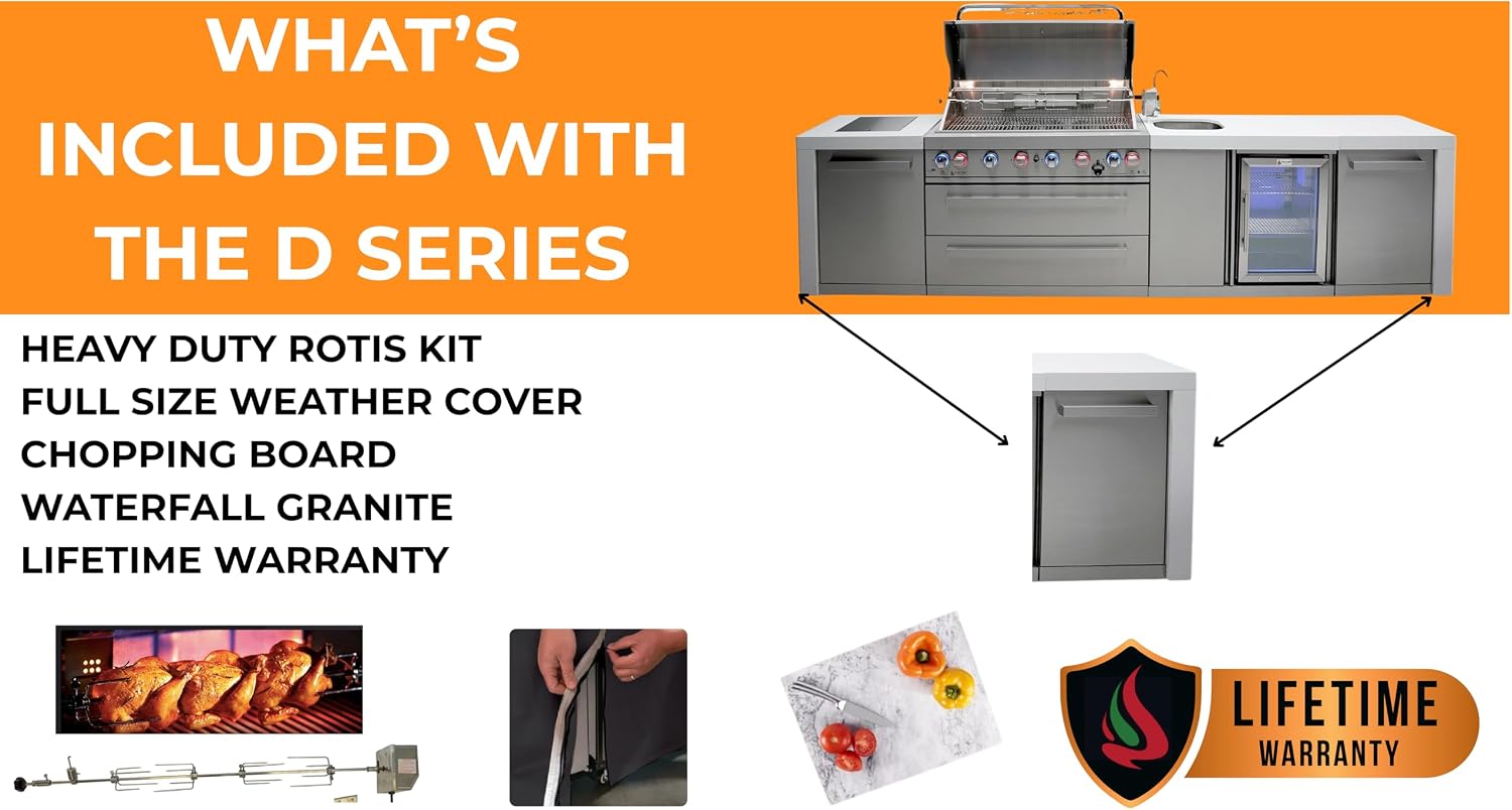 Mont Alpi 132'W x 23'D x 46'H Deluxe Stainless Steel Outdoor Kitchen Island with Refrigerator Faucet & Sink Combo + 44'W 6-Burner BBQ Grill + Granite Countertops + Storage Cabinets + Drawers + Cover