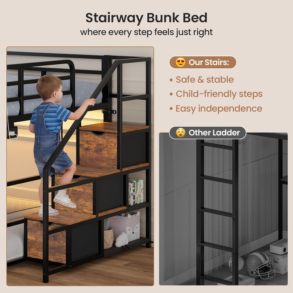 ADORNEVE Low Bunk Bed Full Over Full with Stairs, 3 Storage Drawers & Power Outlet, Full Size Metal Floor Bunk with RGB Lights & Shelves, Space-Saving Kids Bed, Black & Brown