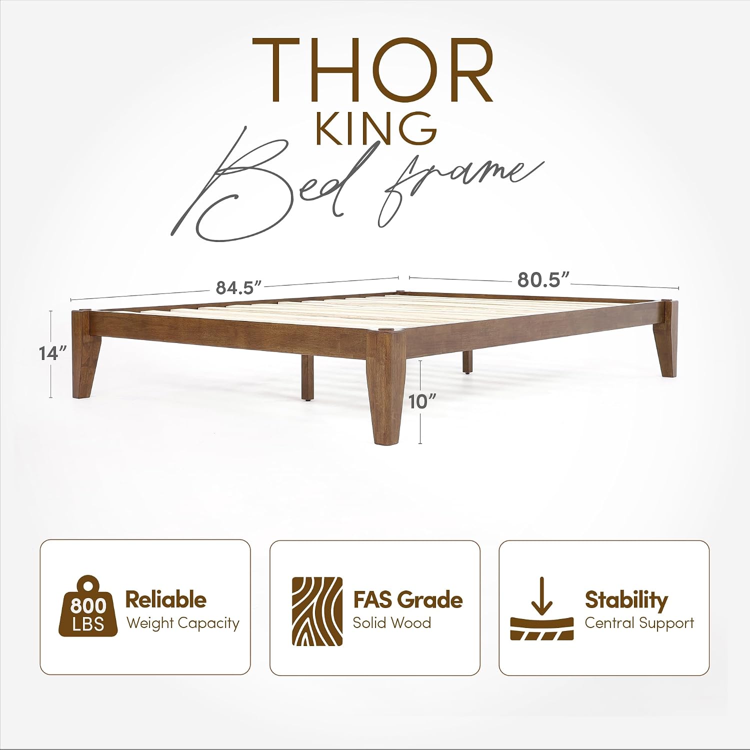 Thor Premium Solid Wood Bed Frame King, Japanese Joinery Bed Frame with Wood Slat Support, Platform Bed, No Box Spring Needed, Easy Assembly, Minimalist & Modern Style (Walnut)