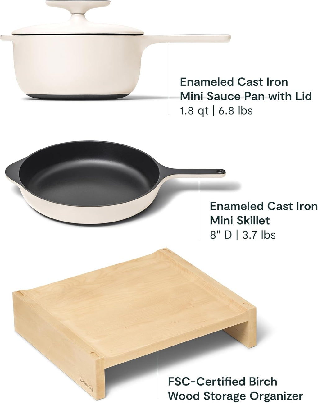 Caraway Enameled Cast Iron Bundle - 8' Mini Skillet, 1.8 qt Sauce Pan with Lid & Storage Organizer - Durable, Non-Toxic Cookware for Stovetop & Oven - No Seasoning Required - Cream