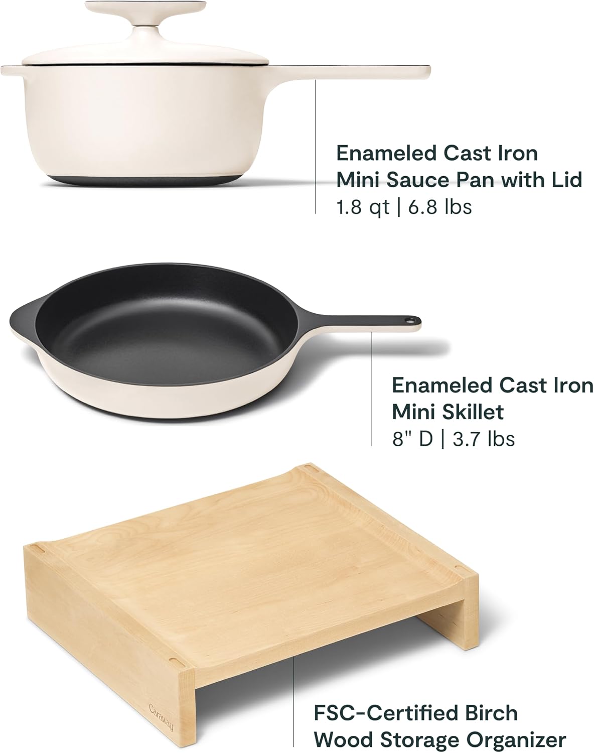 Caraway Enameled Cast Iron Bundle - 8' Mini Skillet, 1.8 qt Sauce Pan with Lid & Storage Organizer - Durable, Non-Toxic Cookware for Stovetop & Oven - No Seasoning Required - Cream