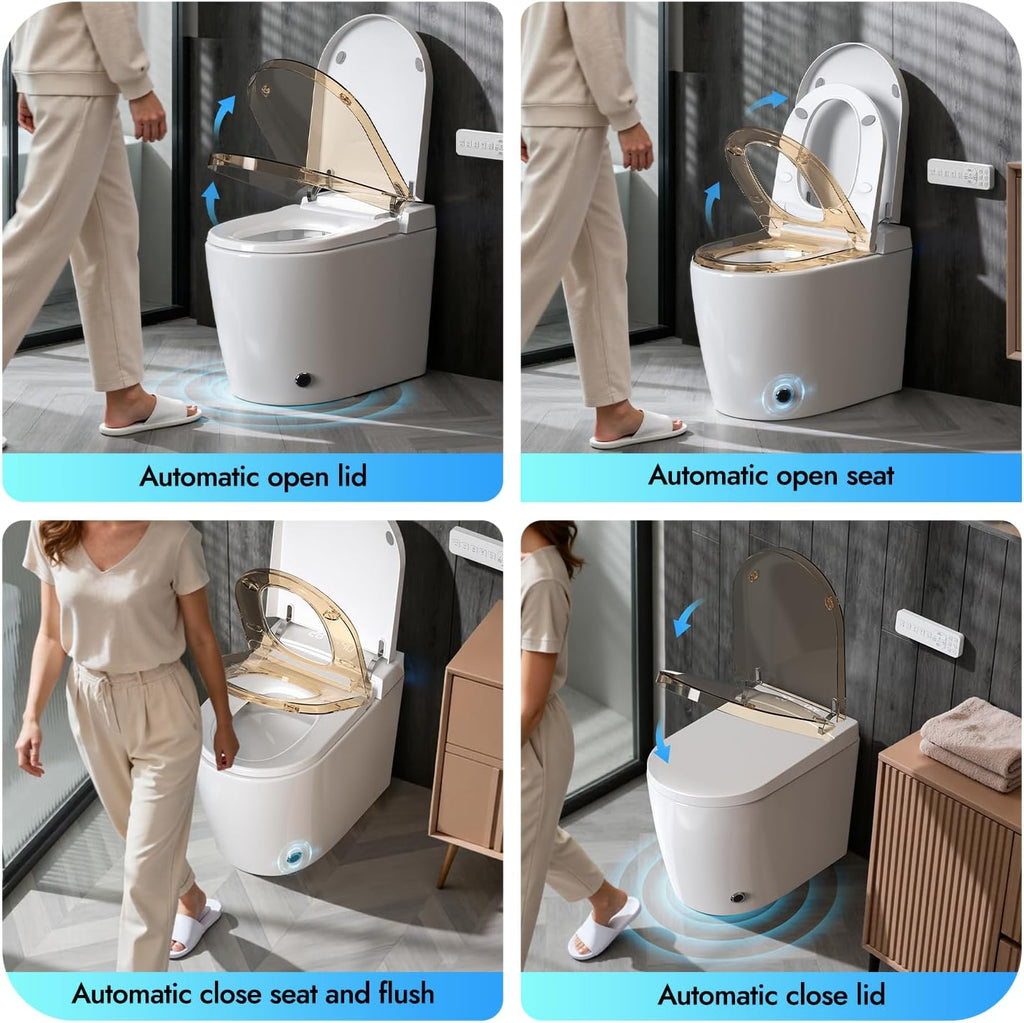 Smart Compact Toilet for Small Bathroom, 23' Depth Toilet with Auto Open/Close Lid & Foot Sensor Flush, Heated Seat, Warm Water Wash & Dryer, Tankless One Piece Toilet with 1.28GPF