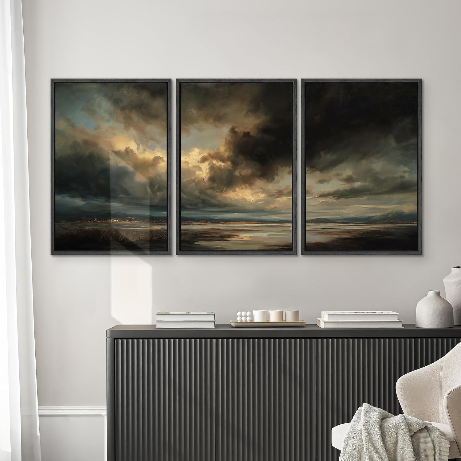 SIGNWIN Framed Canvas Print Wall Art Set Dramatic Stormy Sky Golden Light Coastal Landscape Illustrations Modern Art Decorative Scenic Rustic for Living Room, Bedroom, Office - 24'x36'x3 Black