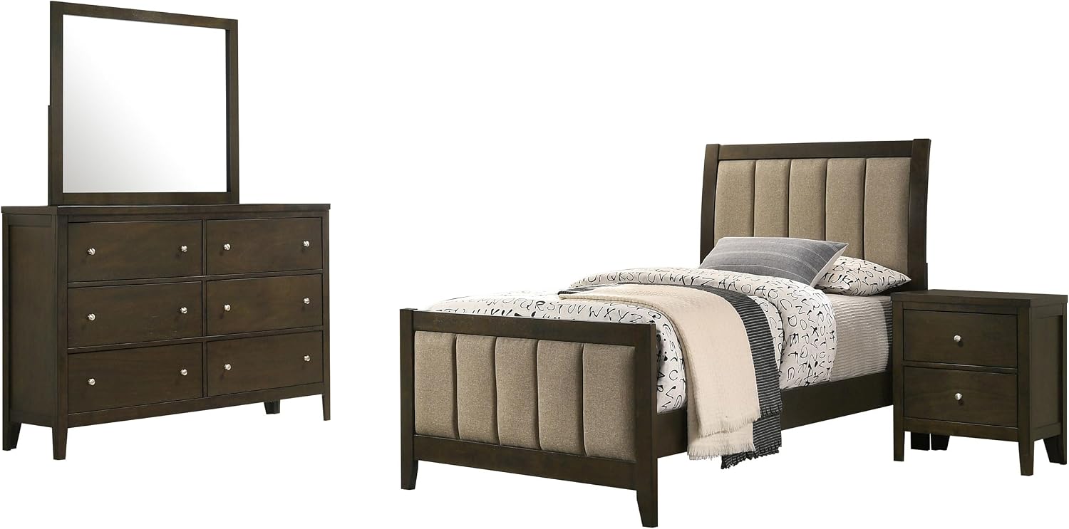 Coaster Home Furnishings Wilkes Transitional 4-Piece Bedroom Set Fabric Upholstered Twin Size Panel Bed Frame 51-inch Headboard Dark Cocoa 224421T-S4