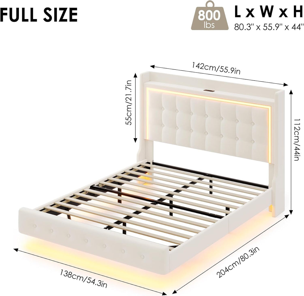Keyluv Upholstered Full Floating Bed Frame with RGB LED Lights and Charging Station, Velvet Platform Bed with Button Tufted Storage Headboard, Type-C & USB Charging Ports, No Box Spring Needed, Beige