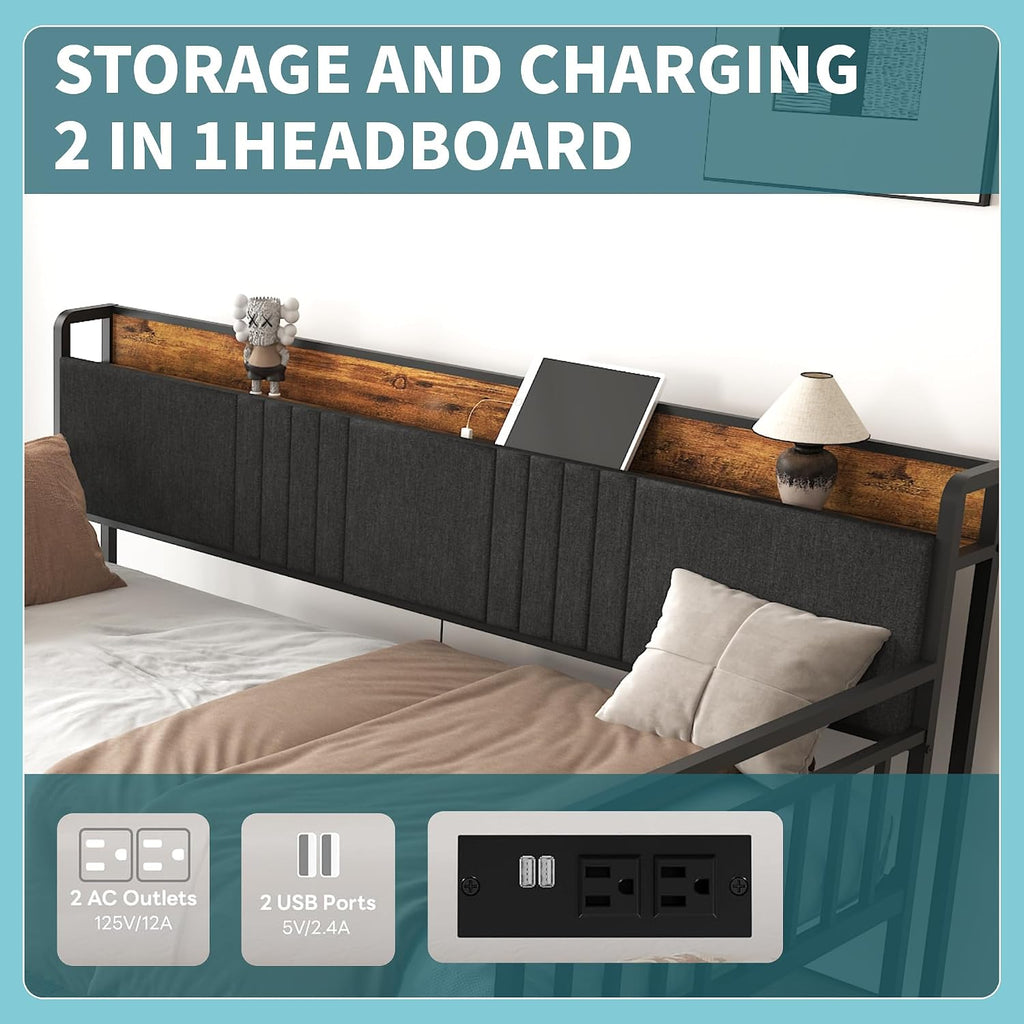 Daybed with Trundle, Sturdy Metal Twin Size Bed Frame with Upholstered Headboard & Charging Station and LED Light for Living Room, Bedroom and Guest Room (Black Brown, Twin)
