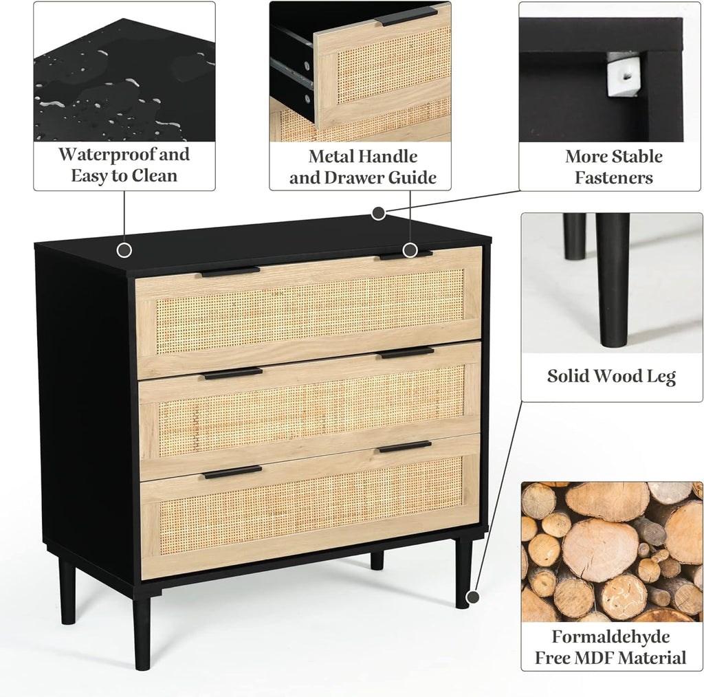 HOPUBUY Large Nightstand Set of 2 with Rattan Drawer, Modern 3 Drawer Night Stand for Bedroom, Wooden Bedside Table for Queen Size and King Size Bed,Black