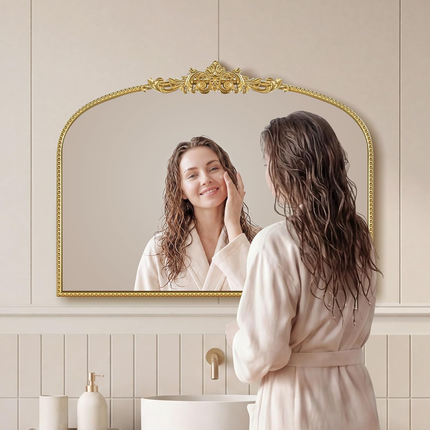 Gold Vintage Mirror 32x24 Inch, Laurel Leaf Ornate Beaded Frame Decorative Vanity Mirror, Antique Style Horizontal Bathroom Mirror for Living Room, Entryway，Dresser, Mantle